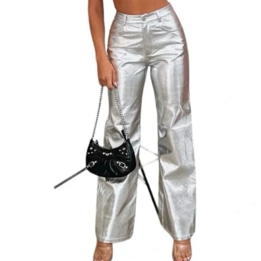 Wayf Silver Metallic Pants straight leg futuristic zip button pockets belt loops